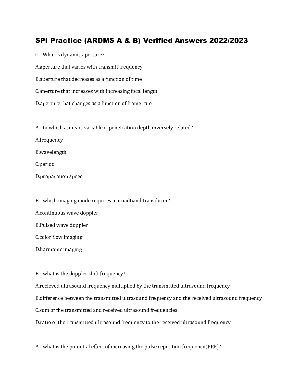 Preview image for SPI Practice (ARDMS A & B) Verified Answers 2022/2023